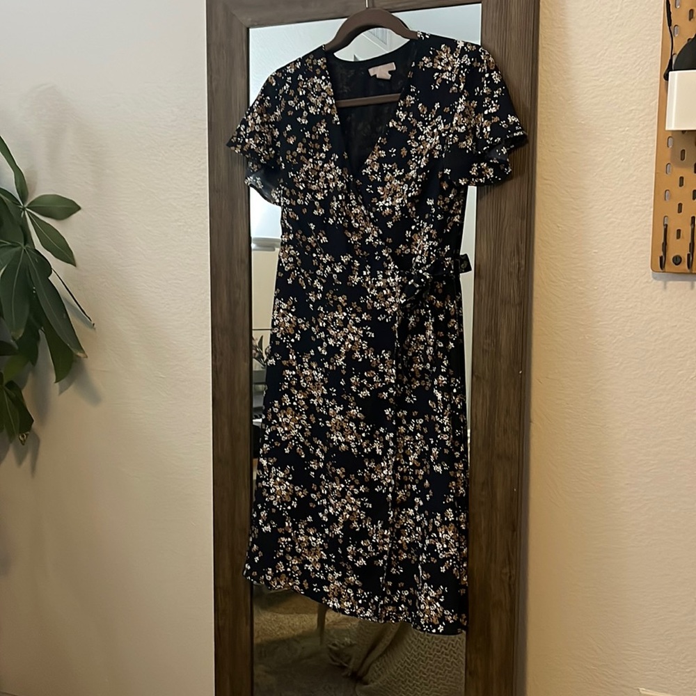 Navy Floral Midi Wrap Dress